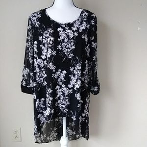 Roz & Ali Floral High Low Tunic Top L Black White